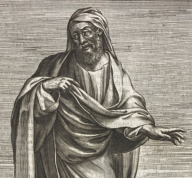 Detail of portrait of Democritus, engraving, in The History of Philosophy, by Thomas Stanley, 1687 (Linda Hall Library)