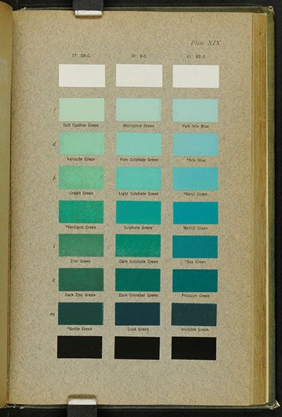 Swatches of various greens with names, plate 19 entire, Color Standards and Color Nomenclature, by Robert Ridgway, 1912 (Linda Hall Library)