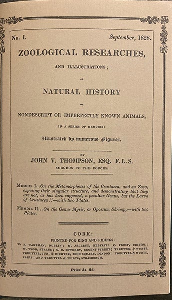 Front cover of first number, Zoological Researches and Illustrations, by John Vaughan Thompson, orig. publ. 1828; republ. in facsimile by the Society for the Bibliography of Natural History, 1968 (Linda Hall Library)