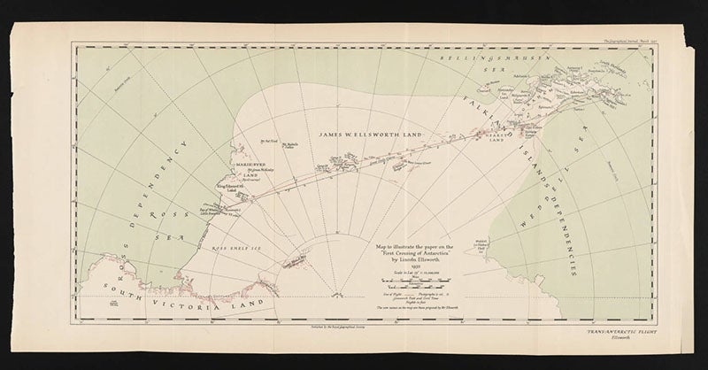  Map of the planned 1935 trans-Antarctic flight by Lincoln Ellsworth, 1935; the flight as flown followed this path more or less, but the plane landed five times, the last time 40 miles short of Little America at the very left, University of Miami Libraries (digitalcollections.library.miami.edu)