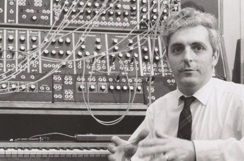 Robert Moog and his original modular synthesizer, photograph, undated (msretailer.com)