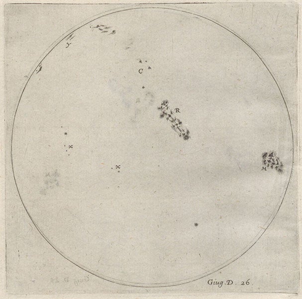 Engraving of the solar disc with sunspots, by Mattheus Greuter, after drawing by Galileo Galilei, in his Istoria e dimostrazioni intorno alle macchie solari, p. 82, 1613 (Linda Hall Library)