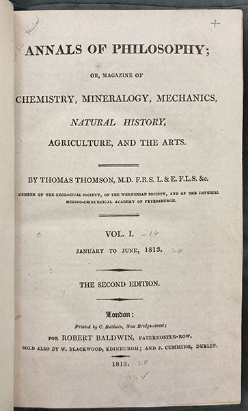 First page of first volume, Annals of Philosophy, or Magazine of Chemistry, founded and edited by Thomas Thomson, 1813-1820 (Linda Hall Library)