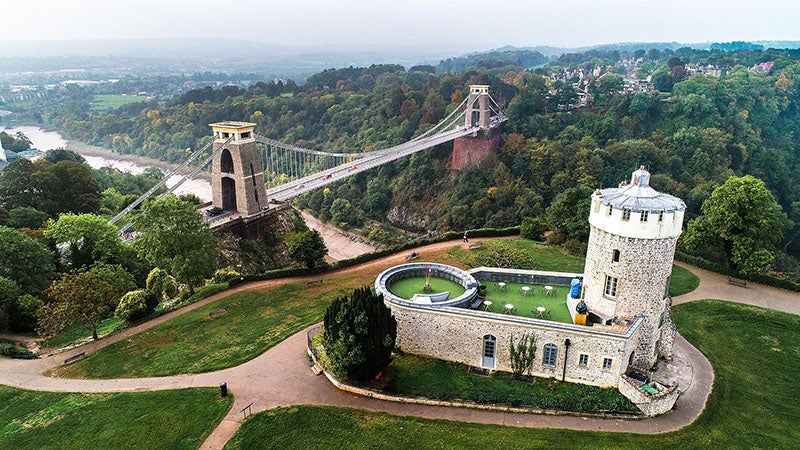 Aerial view of Clifton Observatory, the Clifton Suspension Bridge, and the River Avon, Bristol, UK, recent photo (Wikimedia commons)
