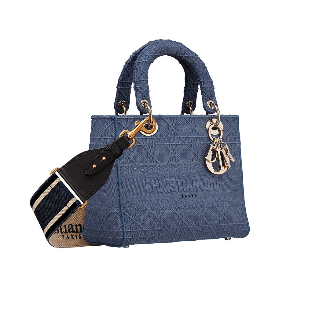 Medium “Lady DLite” Bag In Denim Blue Cannage Embroidery, Large