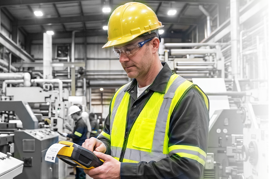 Worker using a Brady portable label printer