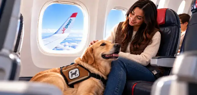 Mujer viaja en avión JetSMART junto a un perro de asistencia con arnés, sentado a sus pies durante el vuelo.