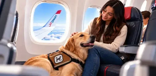 Mujer viaja en avión JetSMART junto a un perro de asistencia con arnés, sentado a sus pies durante el vuelo.