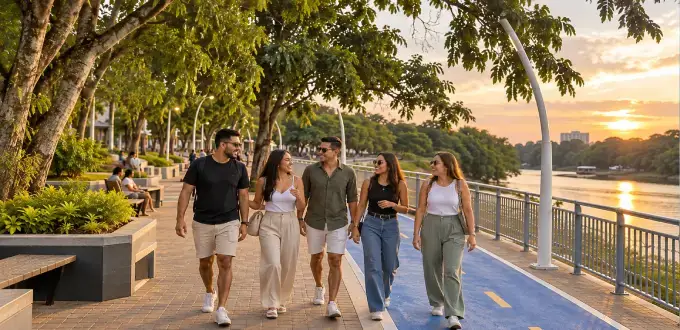Amigos caminando por la Ronda del Sinú al atardecer, junto al río Sinú en Montería, Colombia.