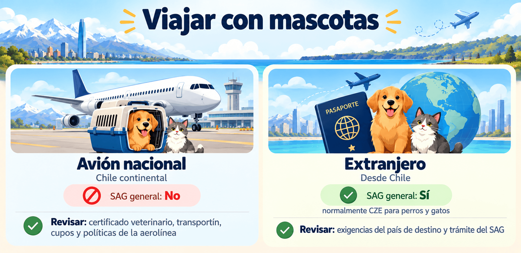 Infografía sobre viajar con mascotas en Chile: requisitos del SAG para viajes en avión y extranjero.
