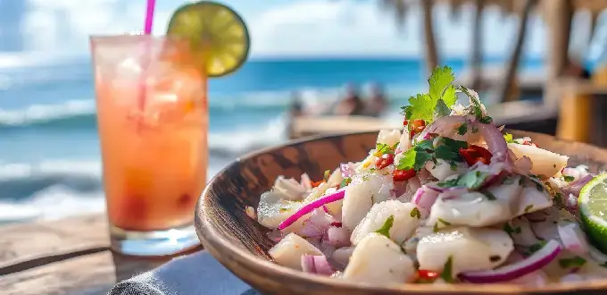 Ceviche peruano con cebolla morada, cilantro y limón frente al mar en Lima, Perú.