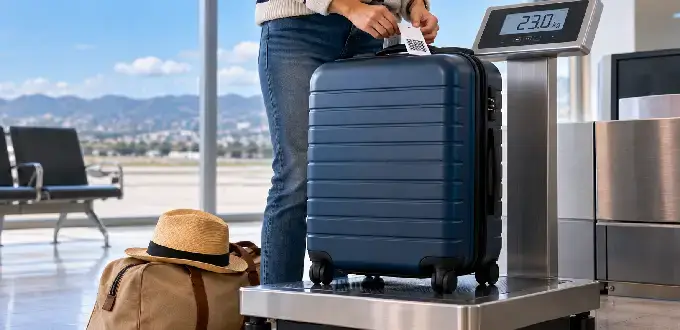 Pasajero pesa una maleta de bodega de 23 kg en la báscula del mostrador de check-in de un aeropuerto.