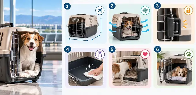 Infografía sobre cómo elegir un transportín para perros en viajes en avión desde Chile: tamaño, ventilación, seguridad e higiene.