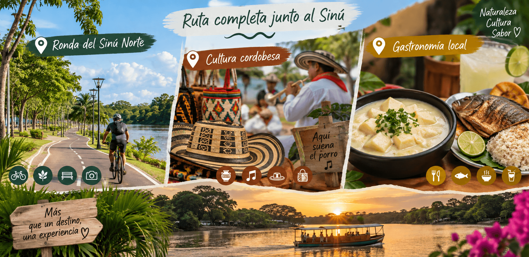 Ronda del Sinú en Montería con cultura cordobesa, gastronomía local y paseo en planchón al atardecer.