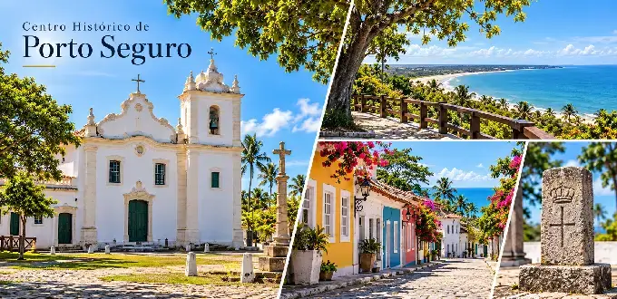 Centro Histórico de Porto Seguro, Brasil, con iglesia colonial, calles coloridas, monumentos y vistas al océano.