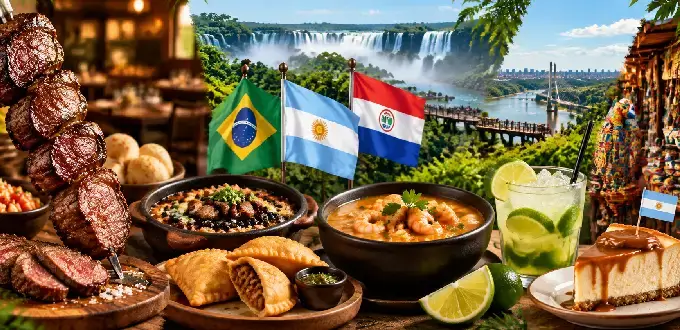 Gastronomía de Foz de Iguazú con sabores de la Triple Frontera, Cataratas y platos brasileños tradicionales.
