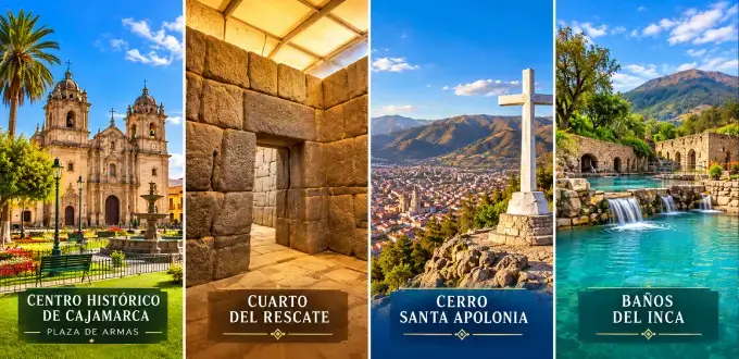 Lugares turísticos de Cajamarca, Perú: Centro Histórico, Cuarto del Rescate, Cerro Santa Apolonia y Baños del Inca.