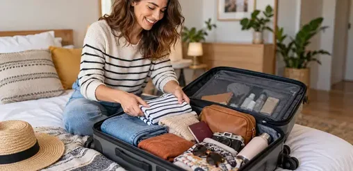 Mujer sonriente preparando su equipaje de mano con ropa y accesorios en una maleta de cabina sobre su cama.