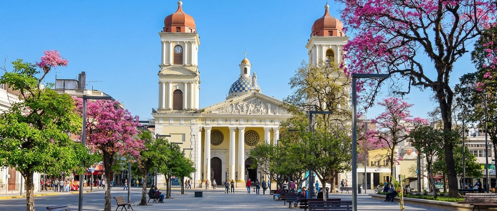 Catedral de San Miguel de Tucumán, Argentina, frente a Plaza Independencia, rodeada de árboles florecidos.