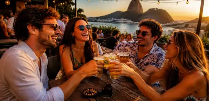 Amigos disfrutando una comida en Río de Janeiro, Brasil, con vista al mar, montañas y el atardecer.