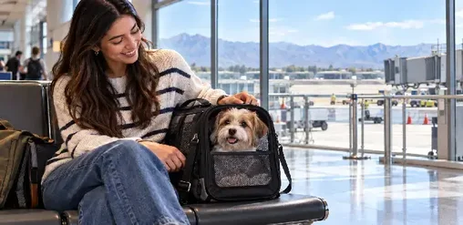 Mujer con su perro en un transportín para mascotas, esperando abordar un vuelo en un aeropuerto.