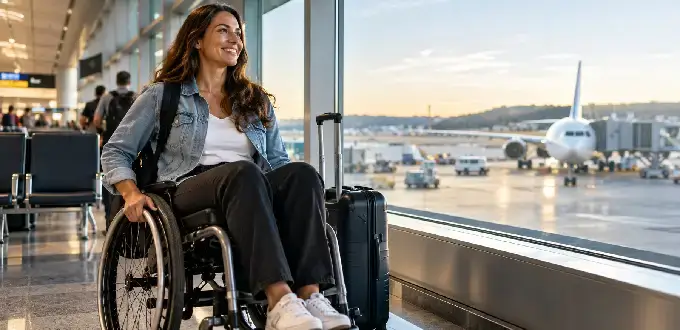 Mujer en silla de ruedas espera su vuelo en un aeropuerto, junto a su equipaje y con un avión al fondo.