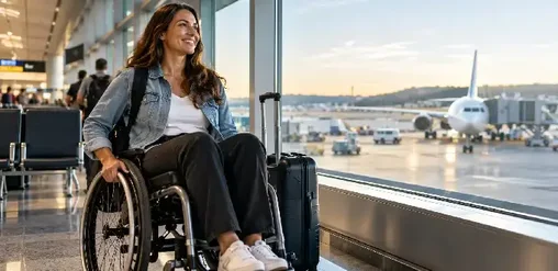 Mujer en silla de ruedas espera su vuelo en un aeropuerto, junto a su equipaje y con un avión al fondo.