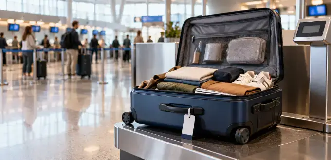 Maleta de bodega abierta con ropa organizada sobre una báscula de equipaje en el área de check-in de un aeropuerto.