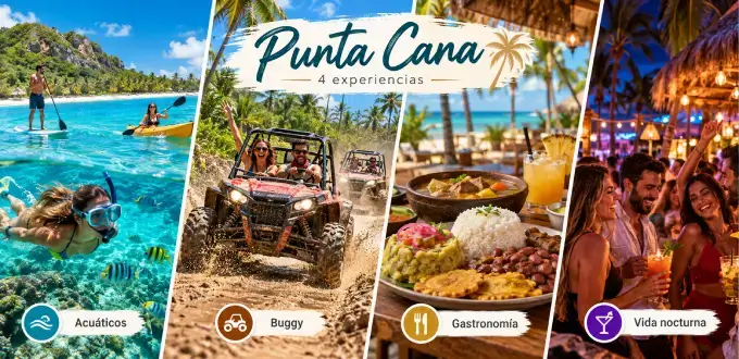 Infografía de Punta Cana, República Dominicana, con deportes acuáticos, paseos en buggy, gastronomía y vida nocturna.