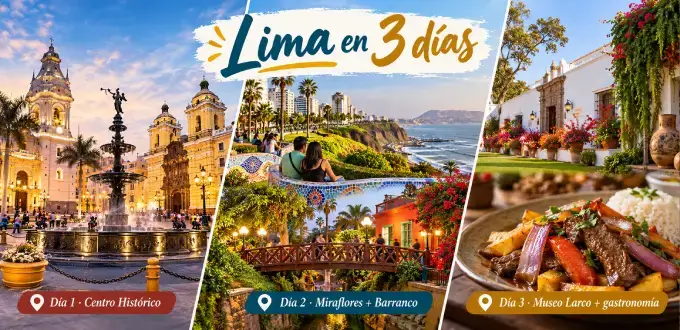 Infografía turística de Lima, Perú, con Centro Histórico, Miraflores, Barranco, Museo Larco y gastronomía peruana.