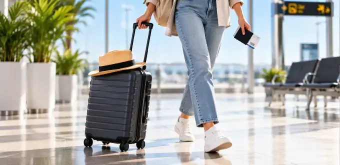 Viajera camina por un aeropuerto con una maleta de cabina, sombrero y documentos de viaje rumbo a su vuelo.