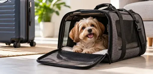 Perro pequeño descansando en un kennel de viaje ventilado, junto a una maleta, listo para viajar en avión con su dueño.