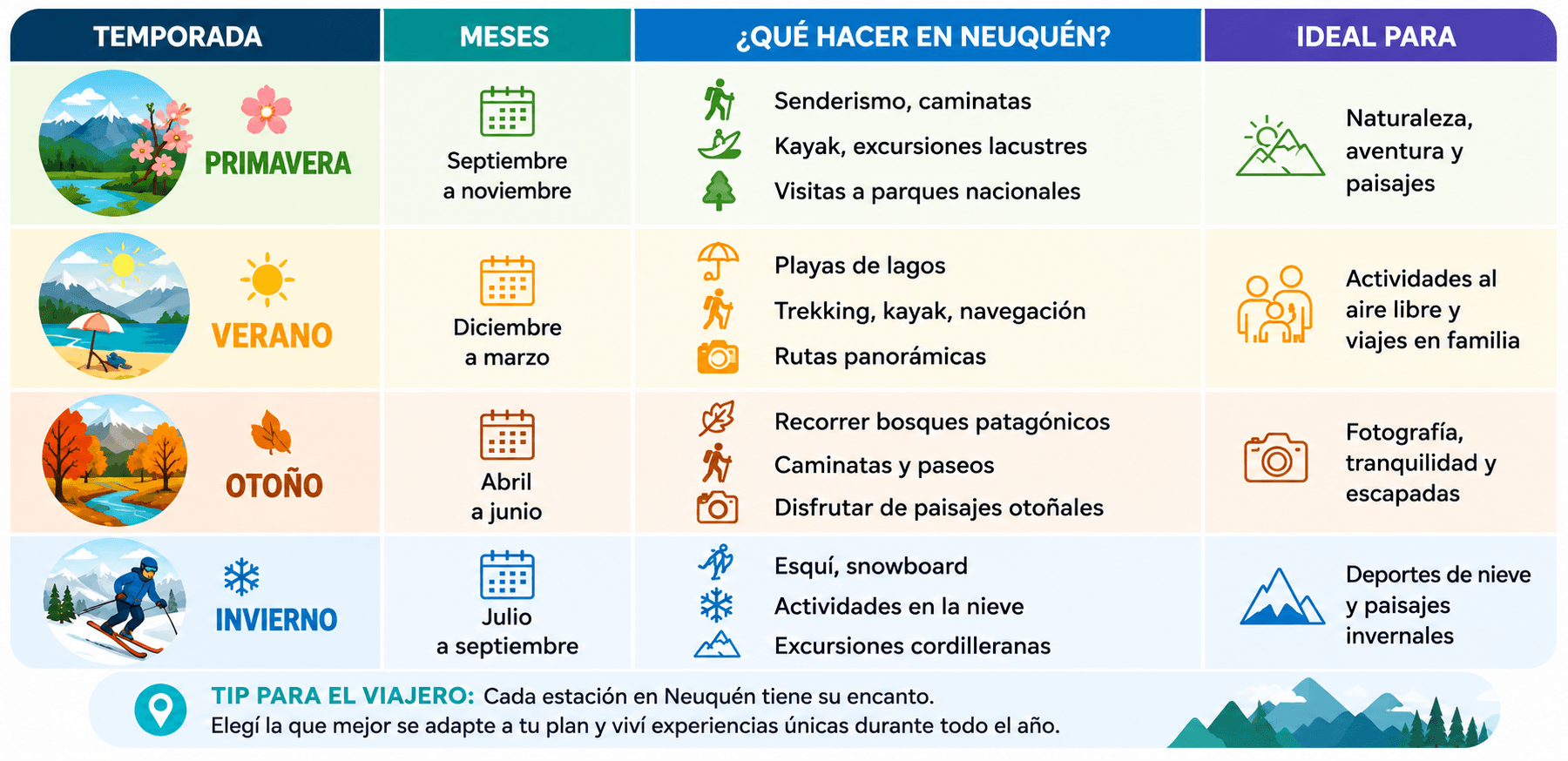 Tabla de temporadas en Neuquén con actividades, meses ideales y experiencias para cada época del año.