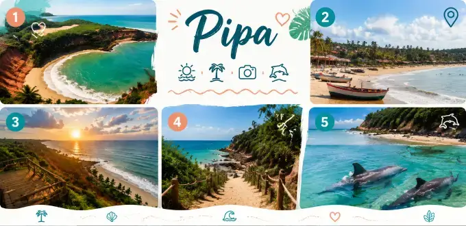 Infografía turística de Pipa, Brasil, con playas, acantilados, miradores, naturaleza y avistamiento de delfines.