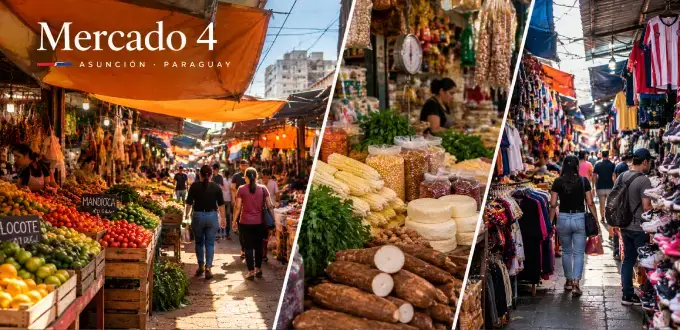 Mercado 4 de Asunción, Paraguay, con puestos de frutas, verduras, alimentos típicos, ropa y artesanías locales.