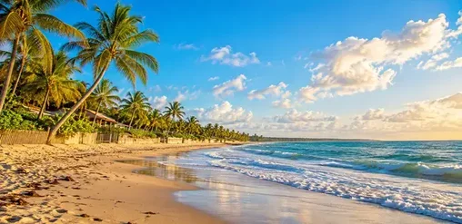 Playa de Porto Seguro, Brasil, con arena dorada, palmeras tropicales y aguas cristalinas del océano Atlántico.