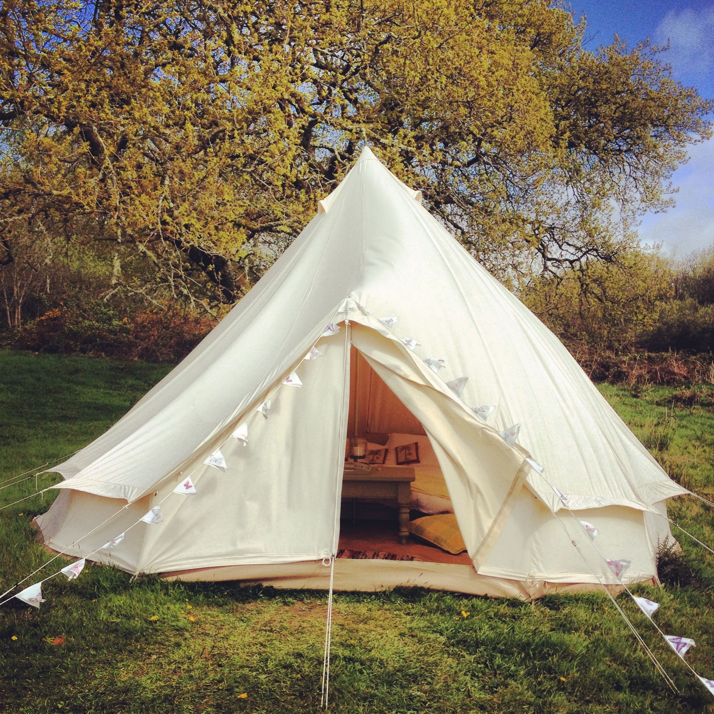 Tienda de glamping blanca entre árboles, con sillas en un entorno boscoso y natural en Sudamérica.