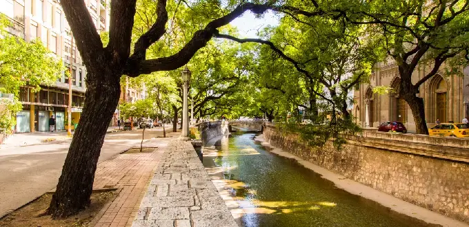 Bulevar arbolado con vereda de adoquines y un canal, bordeado de edificios y árboles, en Córdoba, Argentina.