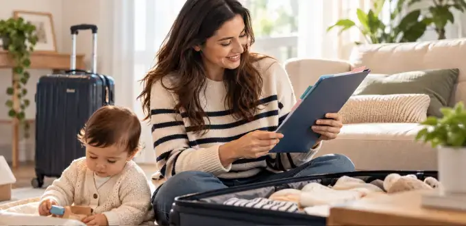 Madre revisa documentos para viajar con su bebé mientras prepara una maleta en el living de su casa.