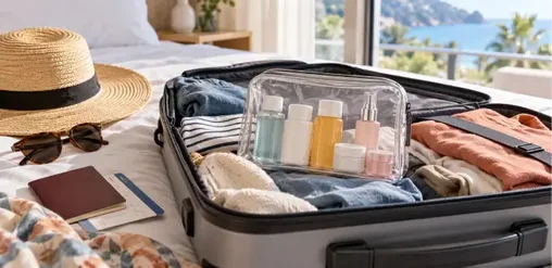 Maleta abierta con líquidos de viaje en neceser transparente, ropa y accesorios, lista para organizar el equipaje de mano.