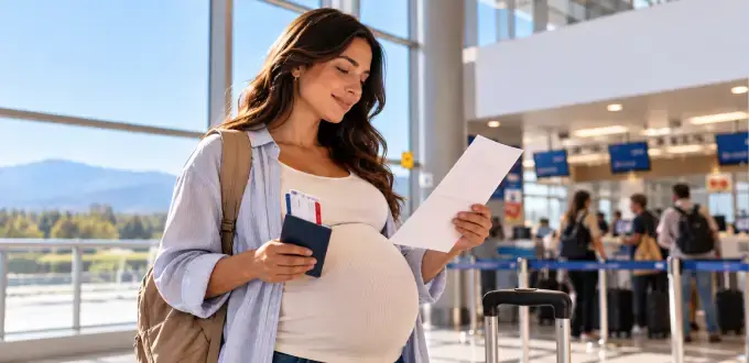 Mujer embarazada revisa documentos de viaje y pasaporte en un aeropuerto, junto a su equipaje antes de volar.