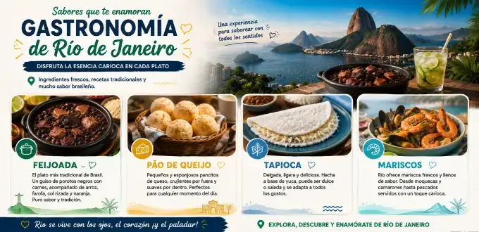 Gastronomía de Río de Janeiro, Brasil, con platos típicos como feijoada, pão de queijo, tapioca y mariscos.