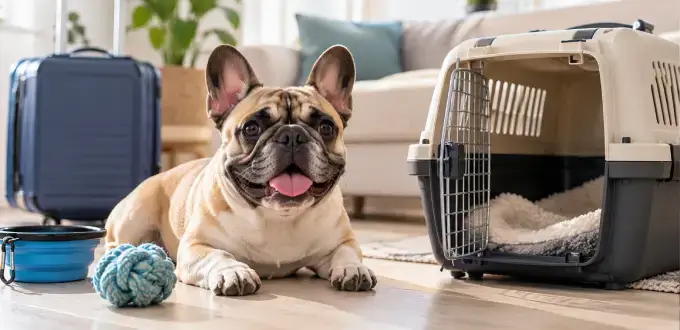 Bulldog francés junto a un transportín para mascotas y una maleta, preparado para viajar con sus accesorios.