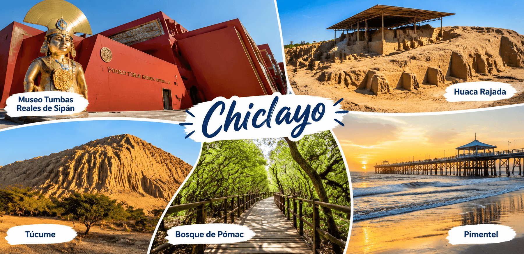 Lugares turísticos de Chiclayo, Perú: Museo Tumbas Reales de Sipán, Huaca Rajada, Túcume, Bosque de Pómac y Pimentel.