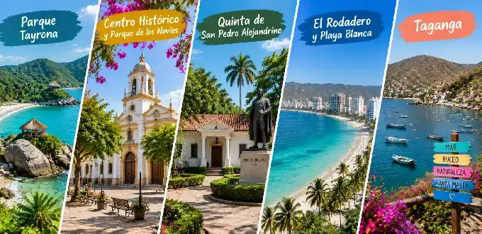 Lugares turísticos de Santa Marta, Colombia: Tayrona, Centro Histórico, Quinta de San Pedro, El Rodadero y Taganga.