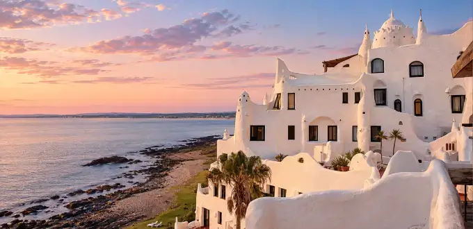 Casapueblo en Punta Ballena, Uruguay, frente al mar al atardecer, con su característica arquitectura blanca.