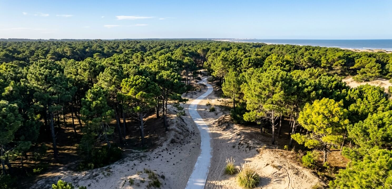 Bosques de Pinamar: sendero entre pinares y dunas, con el océano Atlántico al fondo.