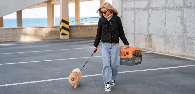 Mujer paseando a su perro con correa y llevando un transportín para mascotas en un estacionamiento de Chile.