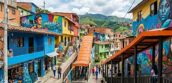 Medellín, Colombia: Comuna 13 con coloridos murales, escaleras eléctricas y arte urbano entre las montañas.