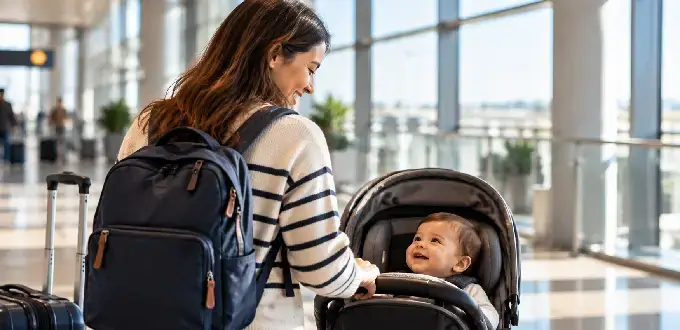 Madre con mochila y maleta lleva a su bebé en coche infantil por el aeropuerto, preparándose para viajar en avión.
